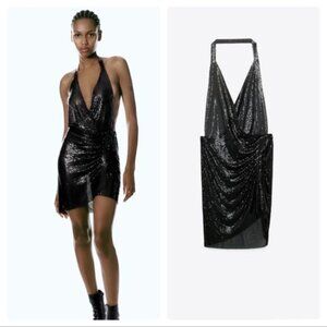 Zara Black Sequin Halter Deep Plunge Neckline Pullover Women's Mini Dress Size X